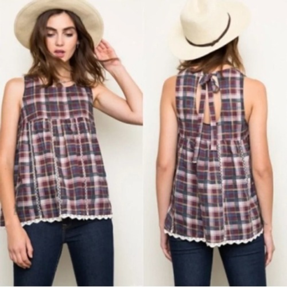 Hayden Los Angeles Plaid Babydoll Top Small Tie Back‎ Crochet Lace Trim Smocked